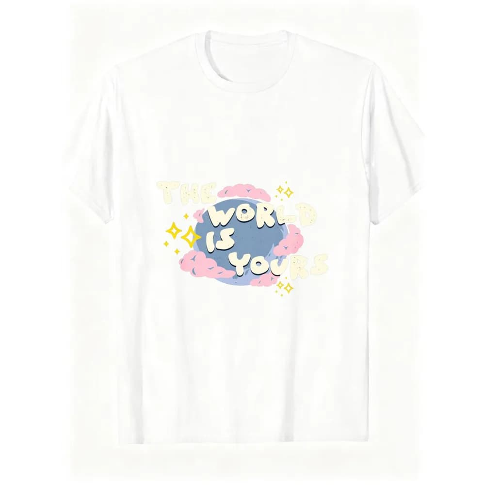 The World Is Yours Bubble Letter Globe Cloud Sparkle Graphic T-Shirt Cute Pastel Kawaii Positive Quote Casual White Short Sleeve Tee