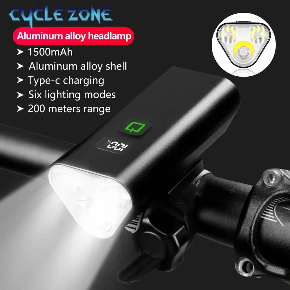 Luce anteriore per bici da 3 LED Display batteria MTB Faro per bicicletta da strada Lampada anteriore e sospesa per bici in lega di alluminio Accessori per ciclismo