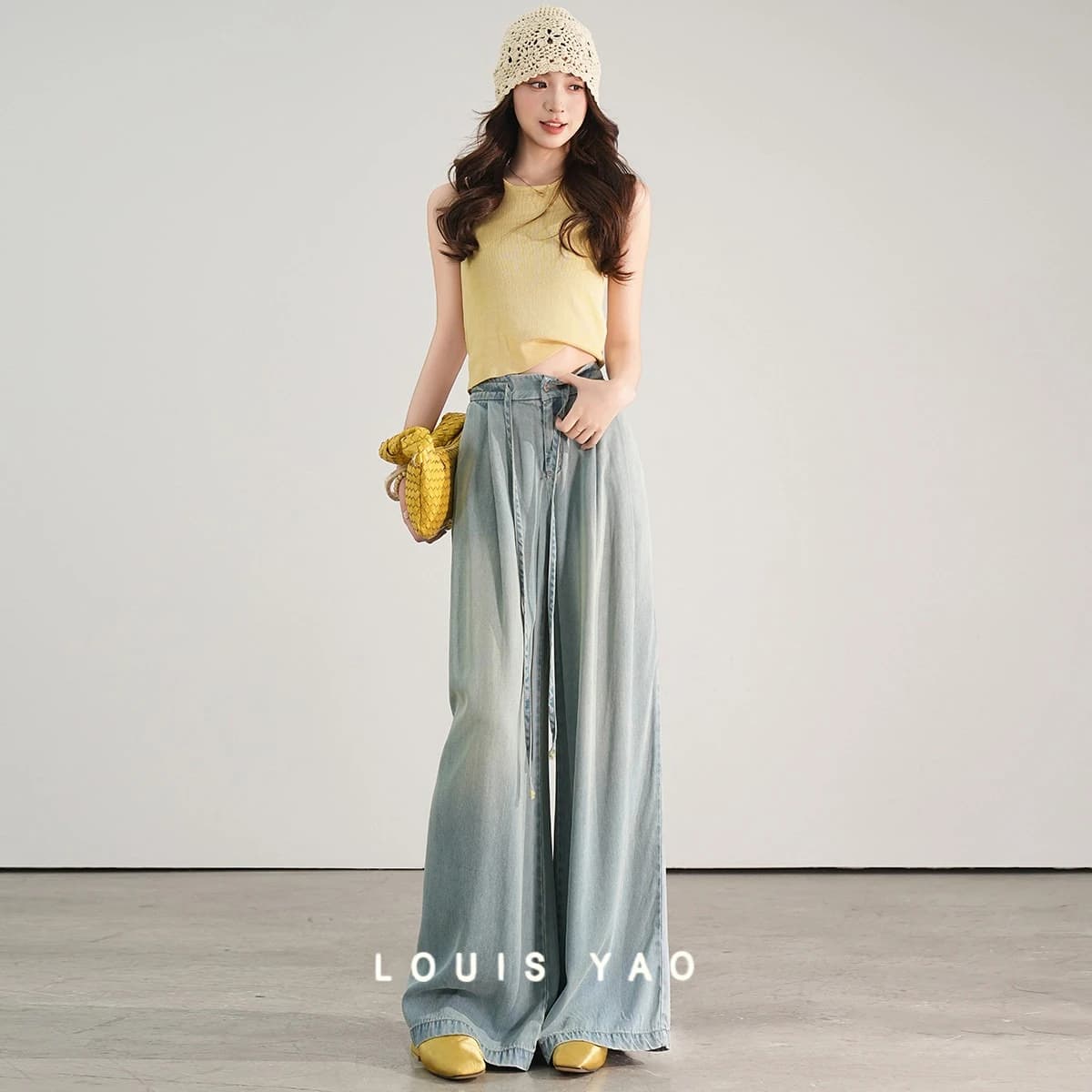 LOUIS YAO High Waist Straight Leg Jeans 2025 Summer Jeans Casual Waist Rope Design Lyocell 100% Elastic Waist Loose Pants
