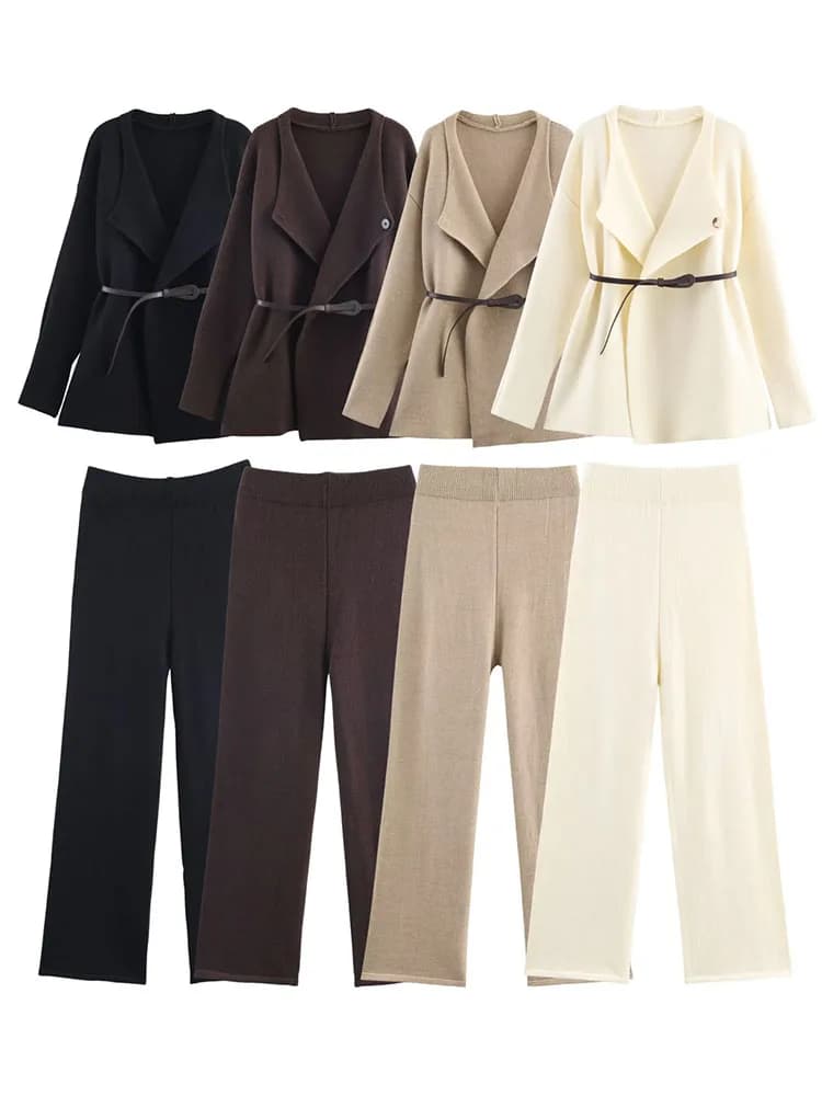 HH Moda Donna 2 Pezzi Set Cardigan a maniche lunghe con coulisse in vita con cintura + Pantaloni casual in vita elastica Abiti Feamle Chic