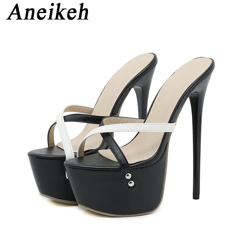 Aneikeh Black White Cross Strap Platform Mules Ladies Open Toe Rivet Decor Ultra Thin Stiletto Slip On Party Heeled Slippers