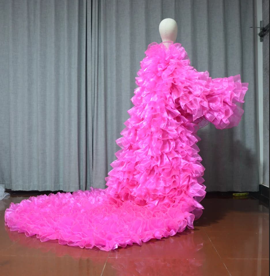 Spettacolo teatrale, cappotto, costume drag queen Giacca rosa a maniche lunghe con soffice mantello a strati in organza, colore personalizzato