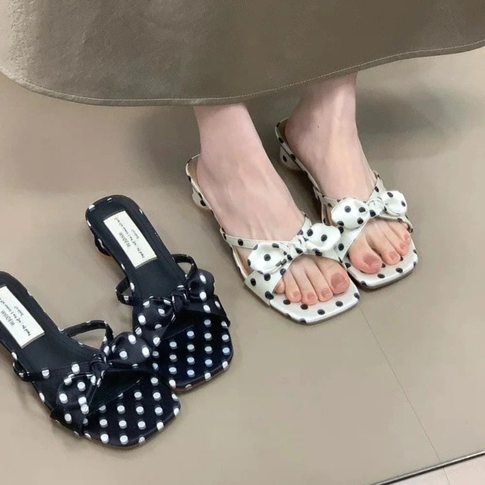 Comfortable Polka Dot Bow Knot Chunky Heel Sandals Korean Style Elegant Vacation Vibes Flat Rostrum Summer New Arrival