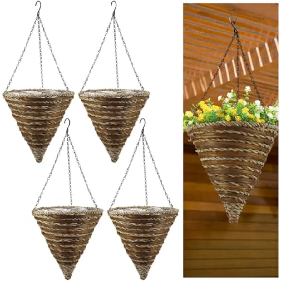 Set of 4 Suspended Cone Shape Jars in Vimins and Corda with Plastic Coating, Decorative Jars for Flowers in Cone Shape in Vimini