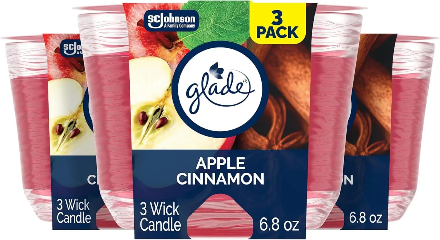 Candela Profumata alla Mela e Cannella, Deodorante per Ambienti a 3 Stoppini con Oli Essenziali, 6.8 Oz, Confezione da 3