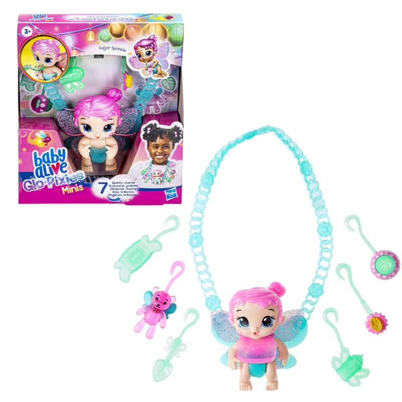 Baby Alive Glo Pixies Minis Carry 'n Care Collana Zucchero Cospargere 3,75 pollici Pixie Doll Toys Collana carina Regali di compleanno per ragazze
