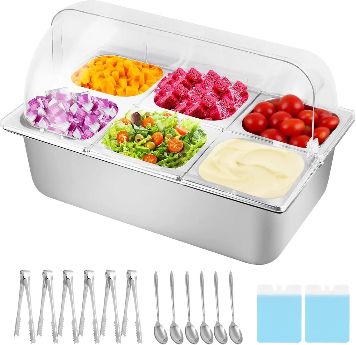 Cold Food Buffet Server 9.6Qt 6 Pans Ice Chilled Salad Bar Condiment Container Trays with Clear Roll Top Cover for Parties Catering Bar Food Truck