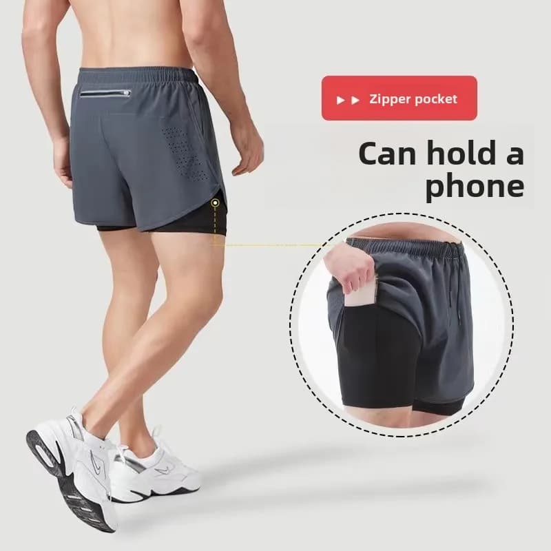 Men's Running Fitness Shorts Quick Dry Loose Three-quarter Length Double Layered Running Marathon Athletic Shorts