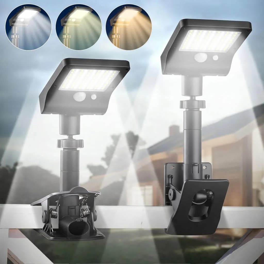 2 luci solari da esterno con clip e sensore di movimento, 360 ° Luci Solari Girevoli e Regolabili Verticalmente per Recinzioni, Luci di Sicurezza Impermeabili IP65 per Terrazze, Grondaie e Campeggio