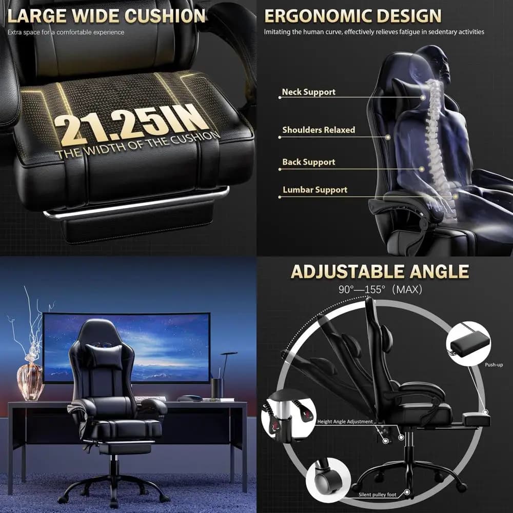 Sedia da Gaming Ergonomica con Cuscino Pneumatico, Sedile Girevole Regolabile e Poggiapiedi (Pelle Sintetica, Nera)