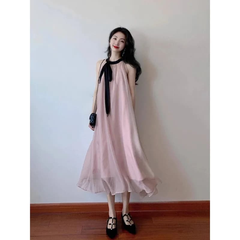 Halter Neck Bow Sleeveless Dress Feminine Temperament Niche Gentle Resort Style Long Summer