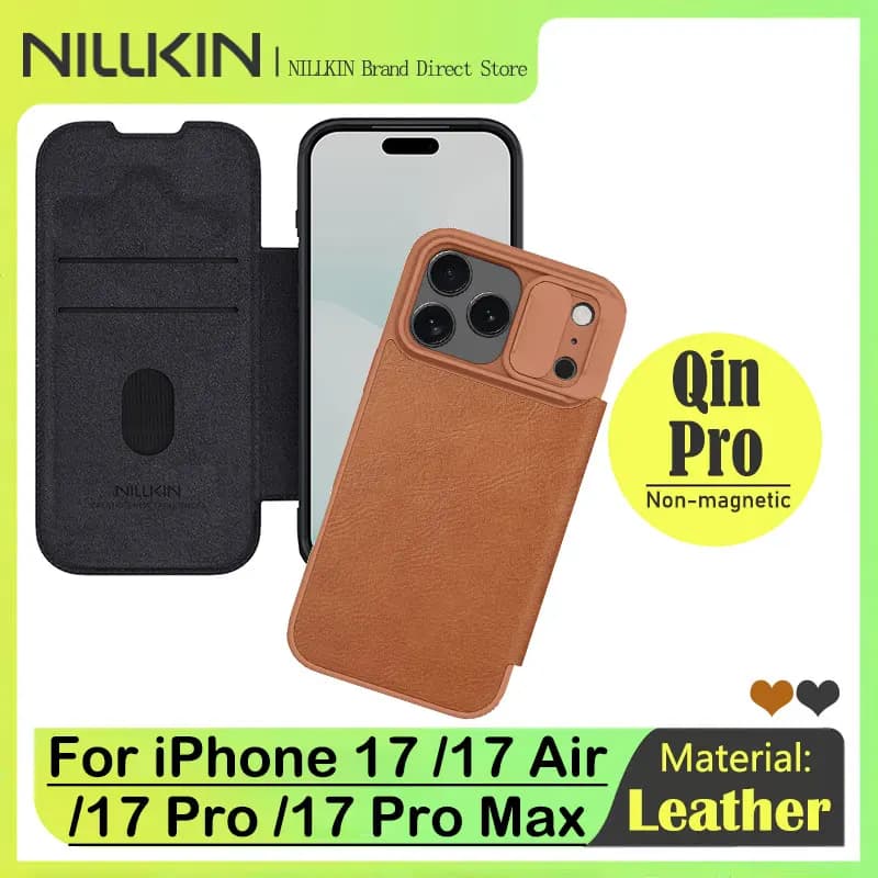 Custodia in pelle NILLKIN per iPhone 17/17 Pro/17 Pro Max/17 Air, slot per scheda con copertura per fotocamera scorrevole, 360 ° Protezione ribaltabile, texture premium