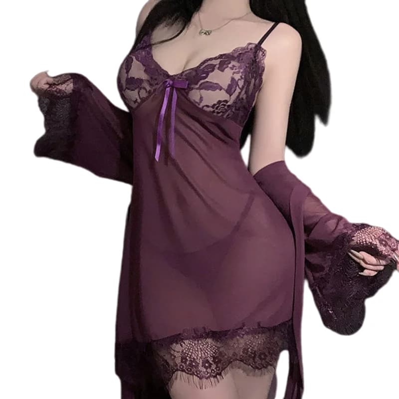 Temptation Flirtatious Sleeveless Suspender Dress Sexy Lingerie Women Lace Mesh Nightgown Seducing Dreamy Purple Bathrobe Set