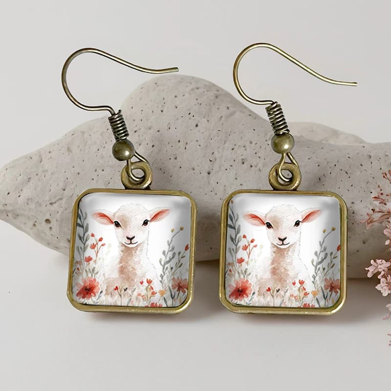 2025 New Wildflower Sheep Square Earring Retro Glass Dangle Earrings Handmade Jewelry Gift