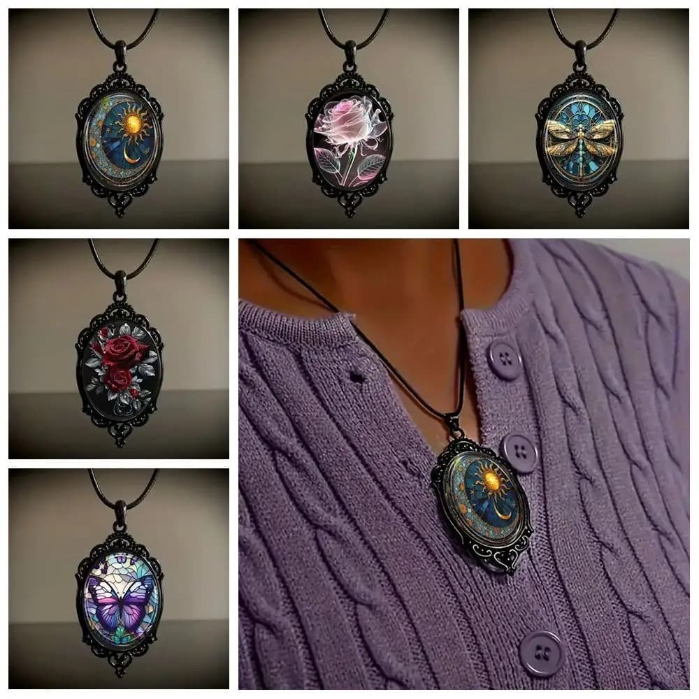 Nuova collana vintage con ciondolo in vetro gotico, stile sole, luna, modello floreale, collana con ciondolo, collana di Halloween, accessori per gioielli