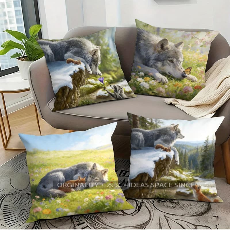 Fodere per cuscini stampate con motivo lupo 2D in prati panoramici, adatte per divano, camera da letto, auto