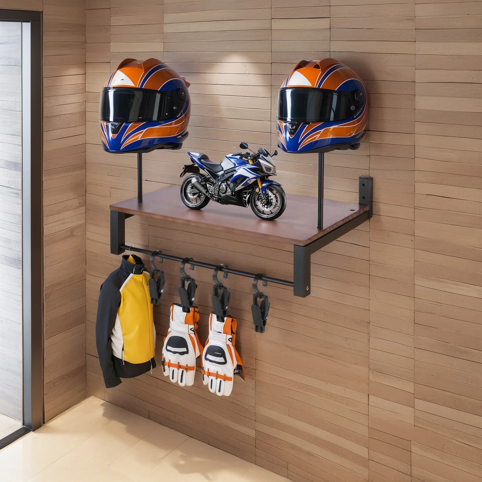 Supporto in Legno per Casco da Moto con 5 Ganci, Appendi Casco da Parete, Portaoggetti per Accessori Moto