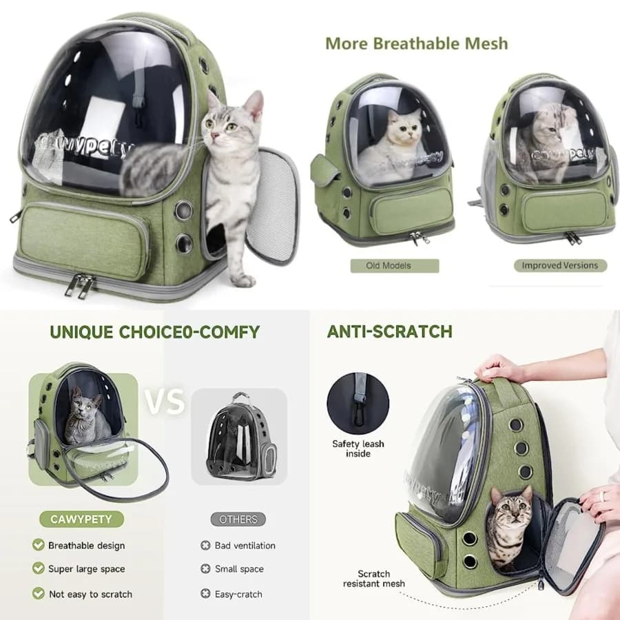 Zaino Trasportino per Gatti, Trasportino Traspirante per Gatti con Ampio Spazio, Zaino a Bolla per Gattini e Cani Piccoli fino a 6,8 kg, Trasparente e Resistente