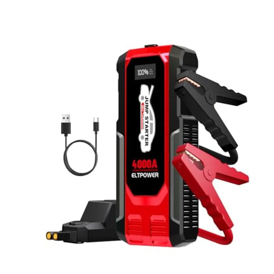 Avviatore d'emergenza portatile 4000A per auto con cavi di avviamento e luce LED, per motori a benzina fino a 8L e diesel fino a 7L