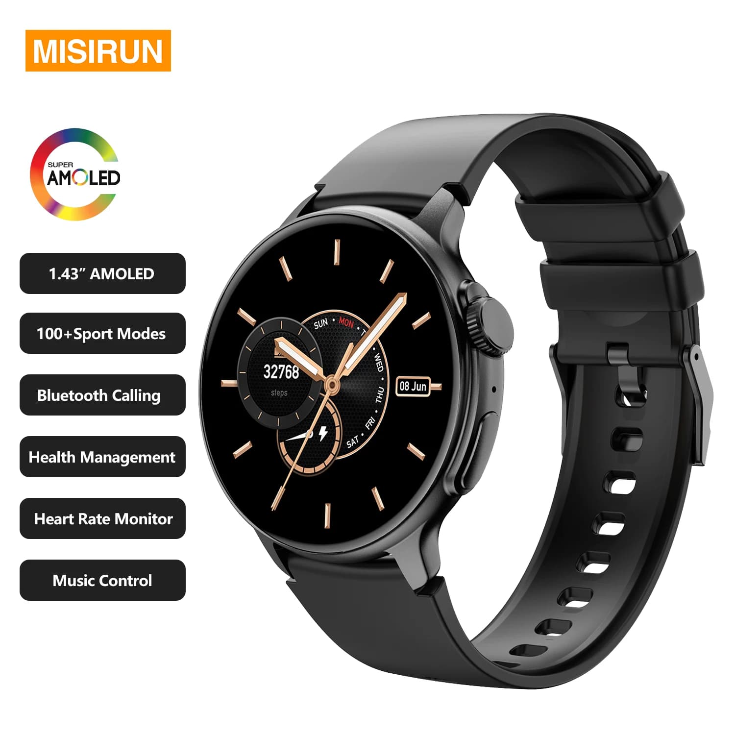 Smartwatch AMOLED da 1,43 pollici per uomo e donna, con chiamata Bluetooth, assistente vocale, monitoraggio della pressione sanguigna, dell'ossigeno e della frequenza cardiaca.