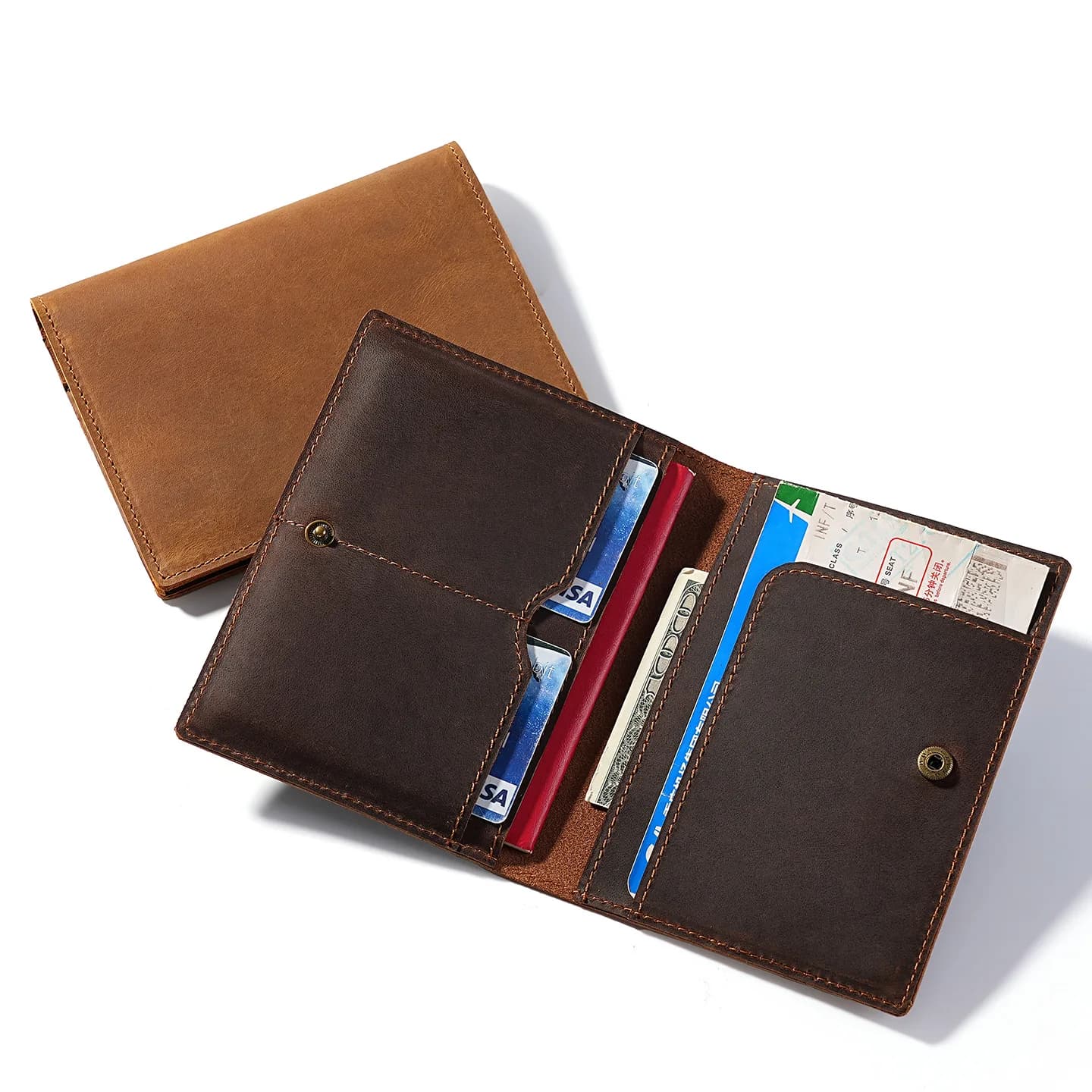 Retro Distressed Crazy Horse Leather Passport Holders, Snap Flap Multi-Slot Document Organizer for Business Trip Travel