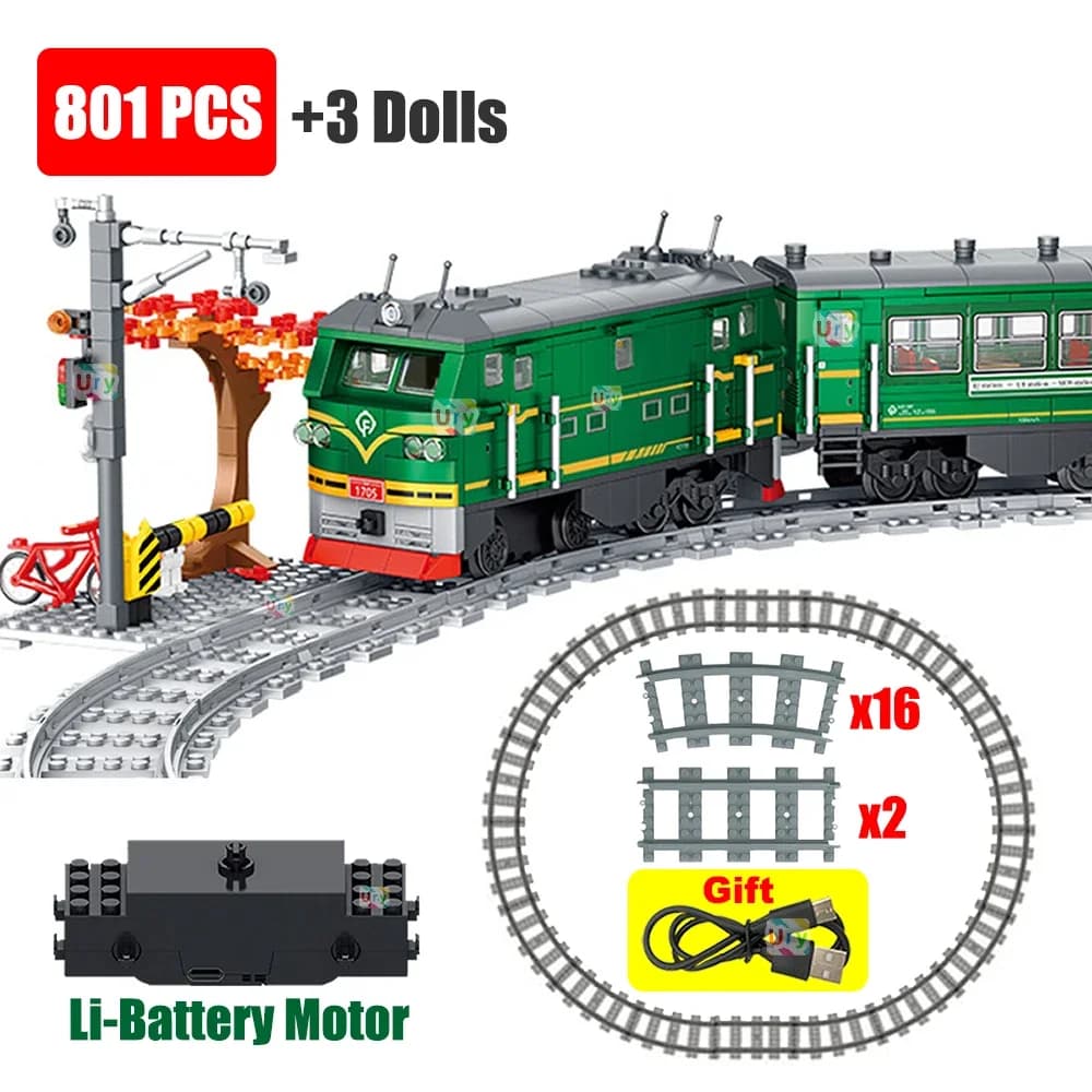 Tecnico Retro verde treno a vapore City Car modello elettrico batteria al litio ricaricabile motore Building Blocks giocattoli per regali ragazzo