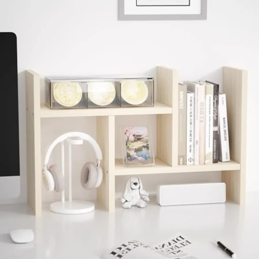Organizer da Scrivania, Scaffale Portaoggetti per Ufficio, Ripiano Espositivo Regolabile, Mini Libreria Multifunzionale a Doppia H per Scrivania