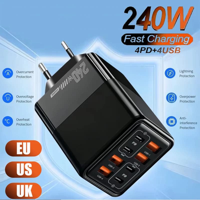 240W Multi Port USB C Charger 8 in 1 Fast Charging Phone Charger Power Adapter Type C EU/US/UK Plug Universal Wall Charger New
