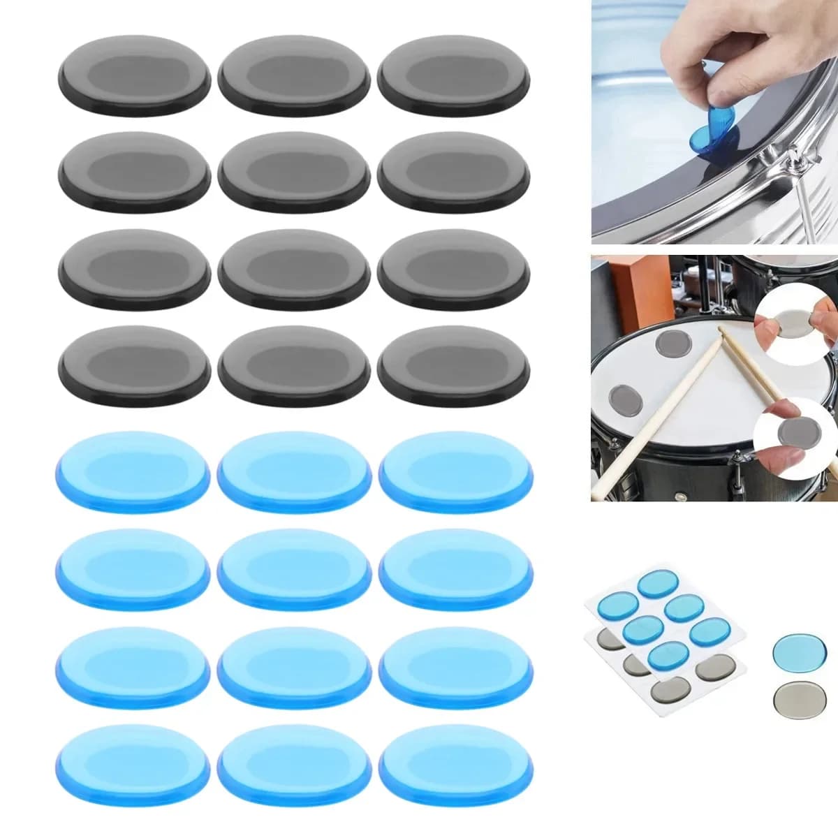 Cuscinetti silenziatori per batteria, adesivi in silicone per la regolazione fine della rullante, cuscinetti per l'intonazione e accessori, esclusivi per batterie e jazz drum.