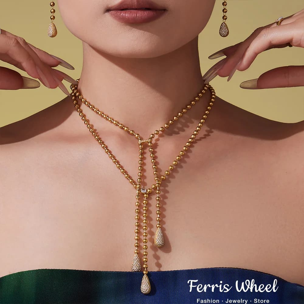 Collana con ciondolo goccia d'acqua con zirconi lucidi Collana da donna con catena di perline in acciaio inossidabile 316 placcato oro Orecchini pendenti Set di gioielli
