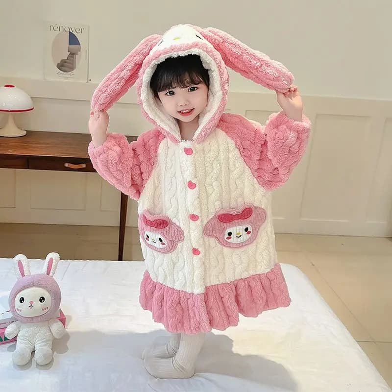 Girls My Melody 3D Long Ear Hooded Bathrobe, Cable Textured Fleece with Cartoon Pockets, Ruffle Hem Warm Plush Winter Sleep Rob