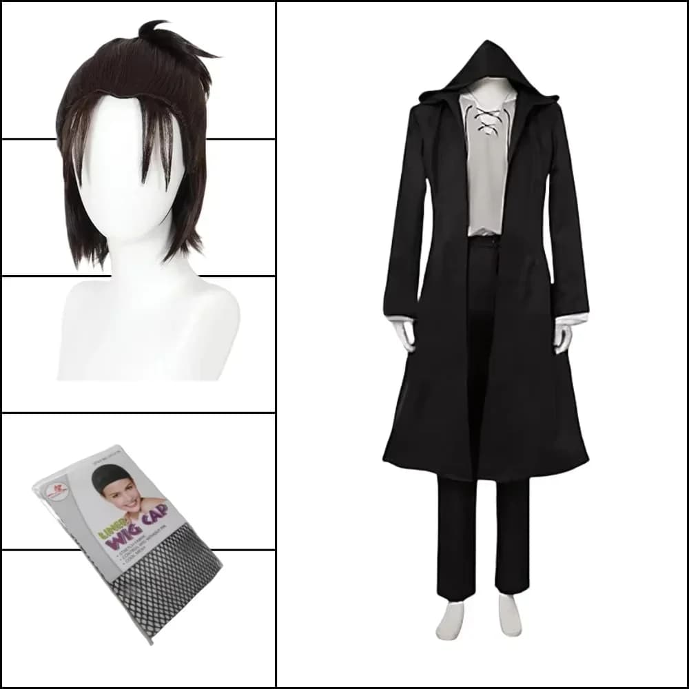 2026Eren Jaeger Cosplay Costume Anime Titan Costume Wig Cosplay Eren Yeager Black Hooded Trench T-shirt Pants Halloween Clothes