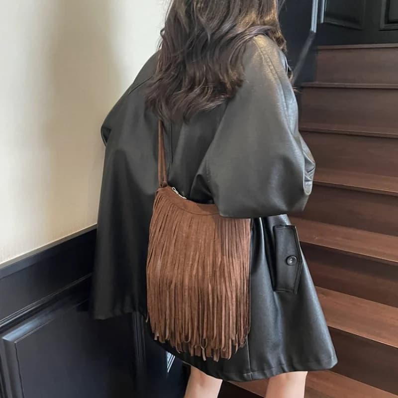 Vintage Brown Suede Hobo Bag with Long Tassel Detail, Versatile Shoulder & Crossbody Purse for Daily Boho Casual Use Handbag