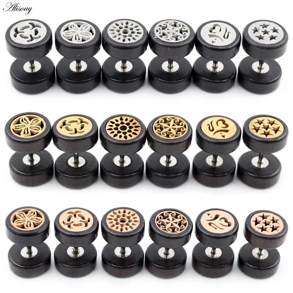 Alisouy 2 pezzi moda orecchini a bottone in legno naturale guanti per donna uomo legno rotondo con manubri piercing orecchini punk