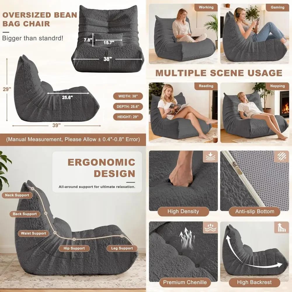 Poltrona Sacco Grande per Adulti con Supporto Lombare, in Ciniglia Oversize con Memory Foam, Ideale per Relax, Lettura, Gaming, Soggiorno o B