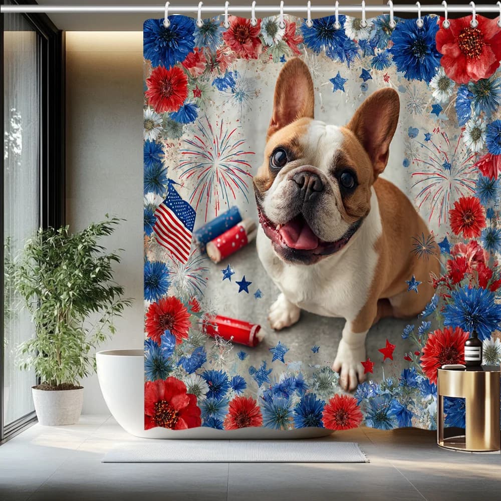 Tenda da doccia per il Giorno dell'Indipendenza, con motivo floreale e fuochi d'artificio, decorazione per il bagno, 70,8 pollici con 12 ganci, 1 pz.