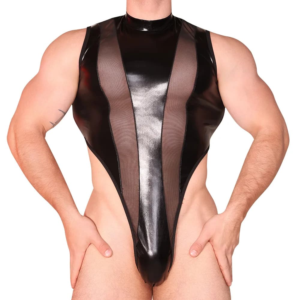 Mens Sexy Lingerie Hook Crotch Thong Mesh Leather High Cut Bodysuit Top Rave Outfit Glossy Mock Neck Sheer Singlet Muscle Suit