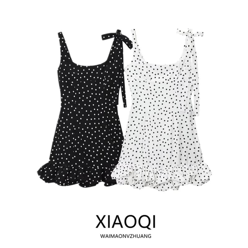 Summer 2025 Women's Design Dot Belted Lace Trim Dress High Waist A-Line Skirt Sleeveless Short Length Casual Dresses