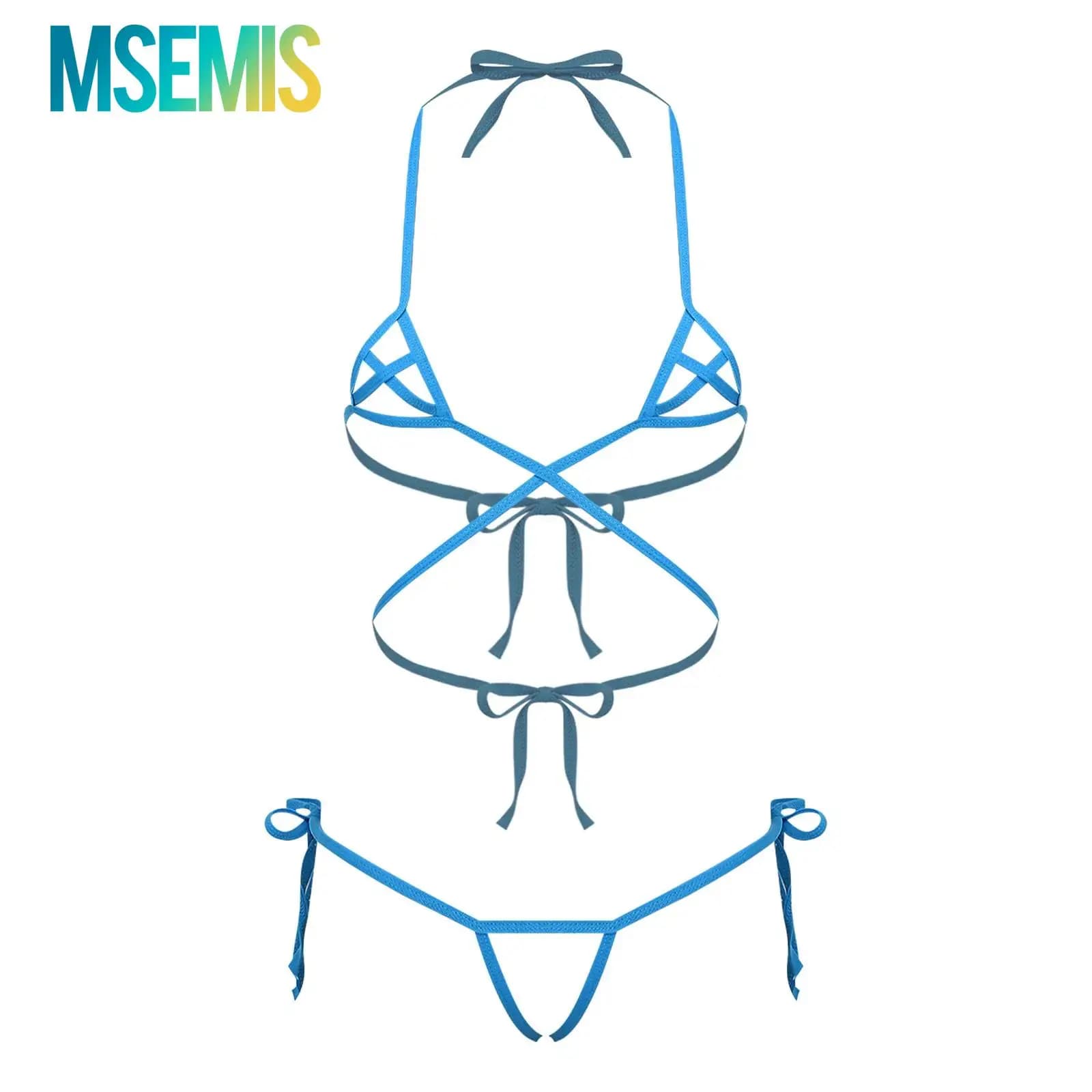 Set di costumi da bagno bikini trasparenti da donna, reggiseno con lacci e perizoma senza cavallo, costume da bagno in 2 pezzi