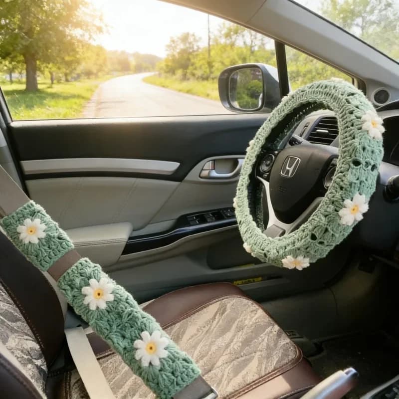 Coprivolante per Auto Caldo e Antiscivolo Lavorato a Mano con Fiori, Accessorio Invernale Elegante e Semplice per la Guida Sicura
