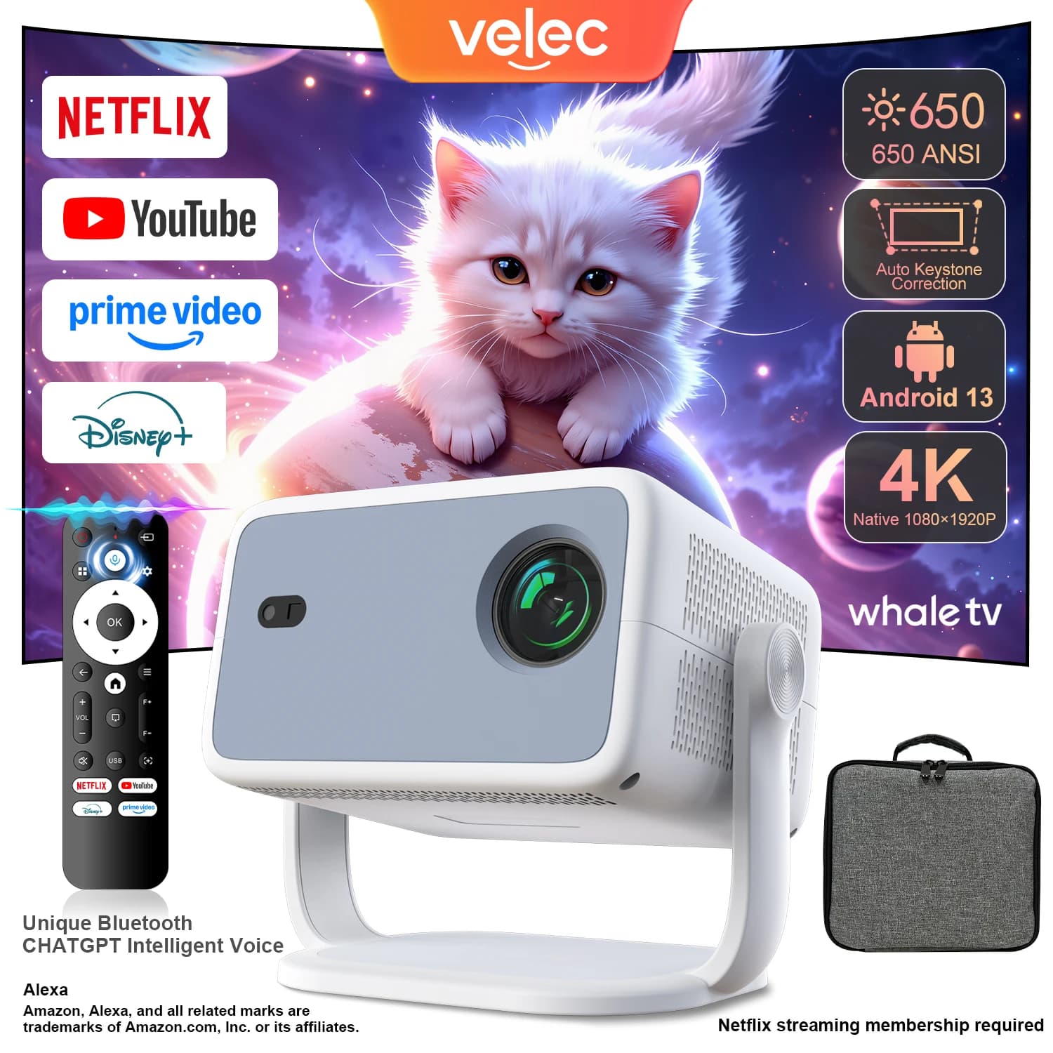 Velec projector compatible with Netflix 650ANSI Android 13 portable 4K native Wifi6 BT5.2 1080P TP350 automatic correction of key