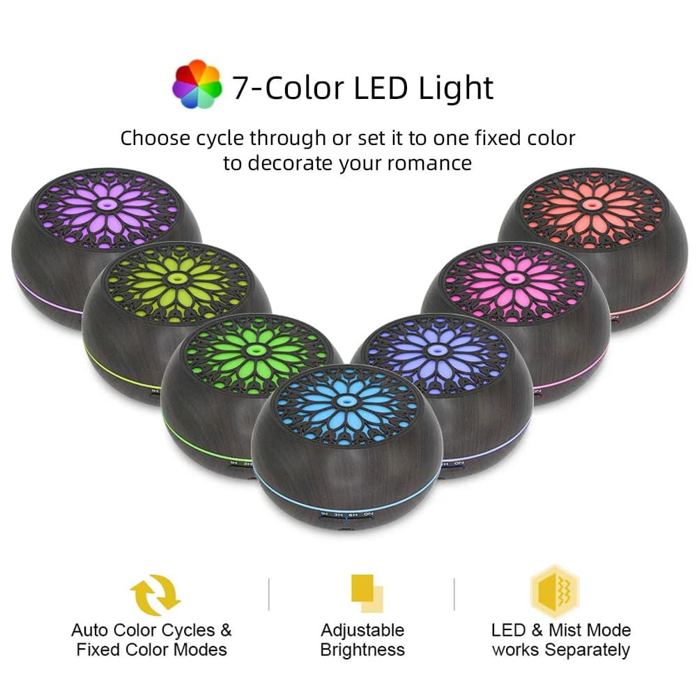 Diffusore di Aromi a Ultrasuoni 550ml, 7 Luci LED d'Atmosfera, Timer, 6 Oli Essenziali Inclusi, Umidificazione e Aromaterapia per Casa