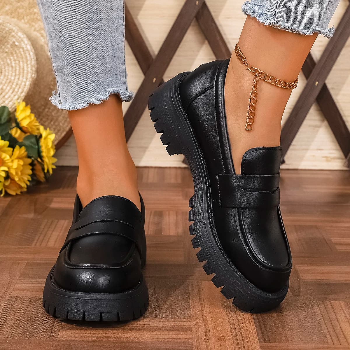 Women's British Style Thick Bottom Oxford Shoes Spring Plus Size 35-43 Chunky Platform Loafers Woman Slip On Anti Slip Shoes
