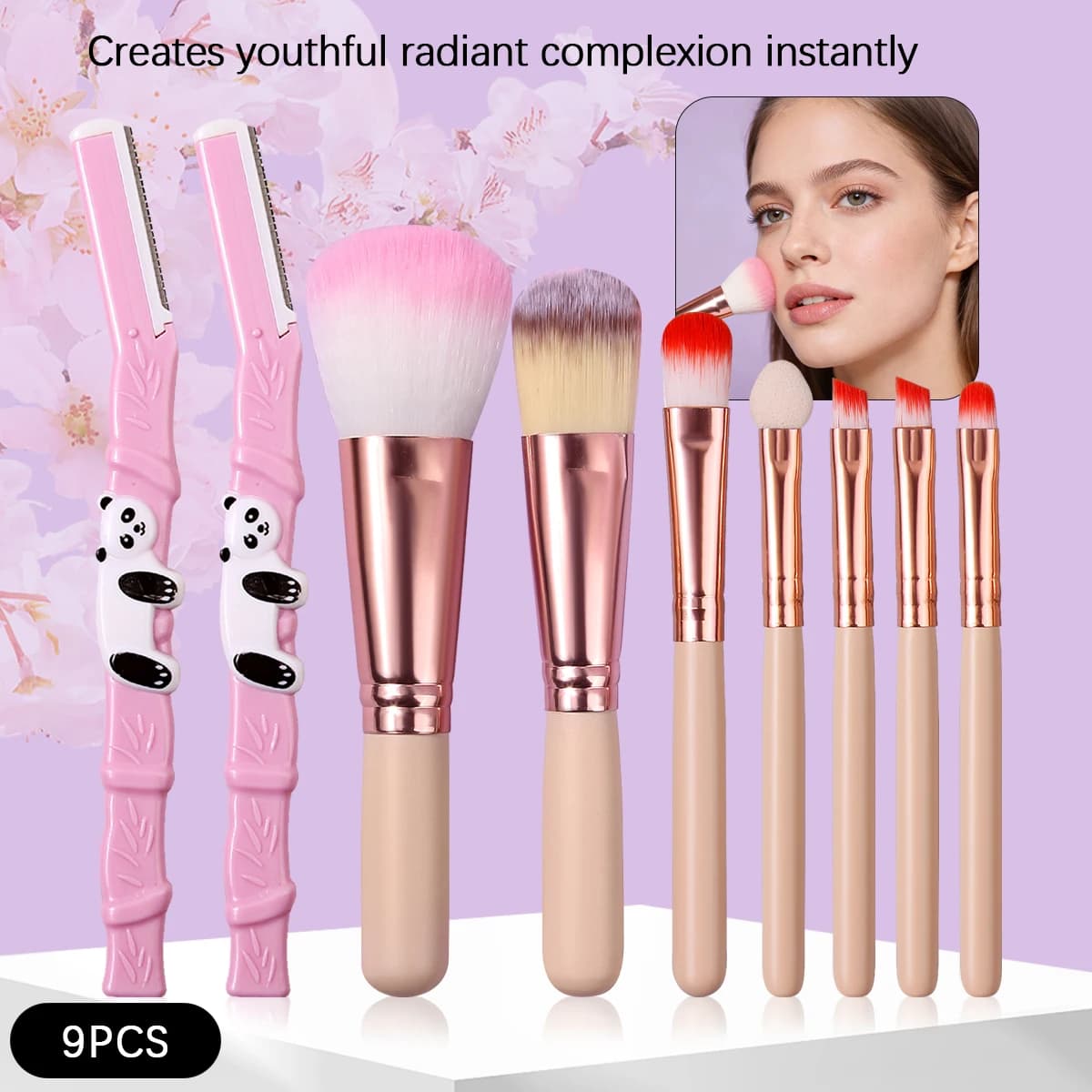 9 pezzi mini set di pennelli per trucco pennello per fondotinta pennello per fard pennello per ombretto con rasoio per sopracciglia strumento di bellezza portatile da viaggio
