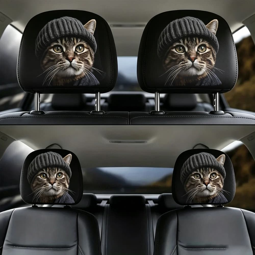 Set di 4 copri poggiatesta per auto con stampa gatto con berretto, graziosi protettori per poggiatesta auto a forma di gatto