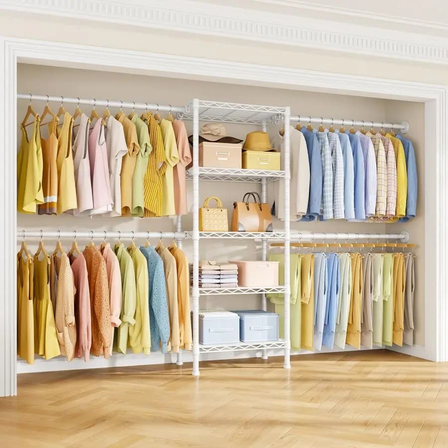 Wall Mounted Housing System M2, Wall Mounted Housing with 4 Expandable Rods and 5 Metal shelves, Dress Organizer