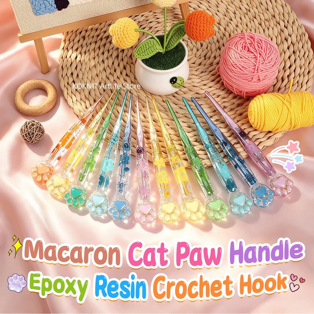 1/3/9/12pcs Macaron Colored Cat Claw Crochet Hook 2.25-8.0mm Resin Drip Glue Knitting Needle Ergonomic DIY Knitting Supplies