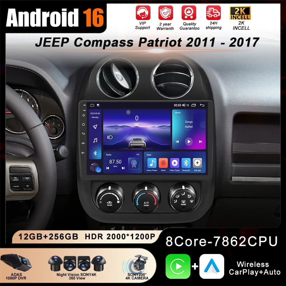 Autoradio Android 16 per JEEP Compass Patriot 2011 - 2017, Lettore Multimediale con GPS, Navigazione, Carplay, Stereo 4G BT Senza DVD 2din