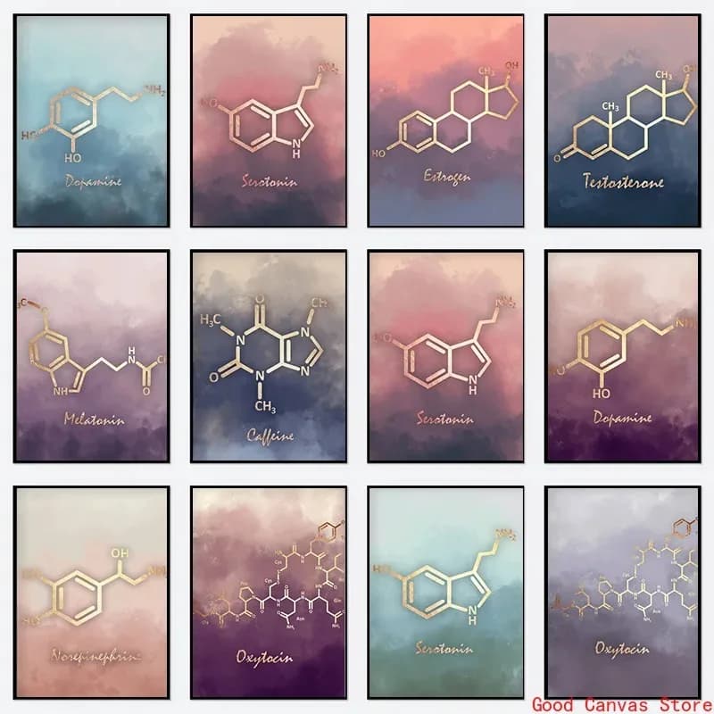 Science Chemistry Molecule Serotonin Dopamine Canvas Painting Nordic Posters Prints Wall Art Pictures for Classroom Home Decor