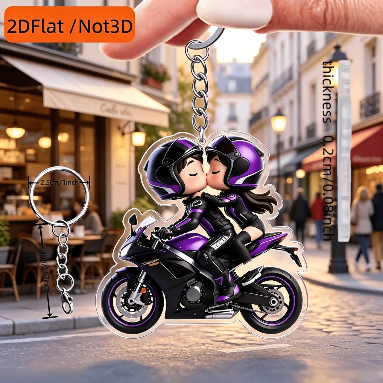 2D plane, not 3D products, mini motorcycle rider and passenger keychain pendant - cute couple motorcycle keychain, suitable for car keys, backpacks, mobile phone accessories - acrylic motorcycle gift (unisex lover souvenir) couple style, artwork